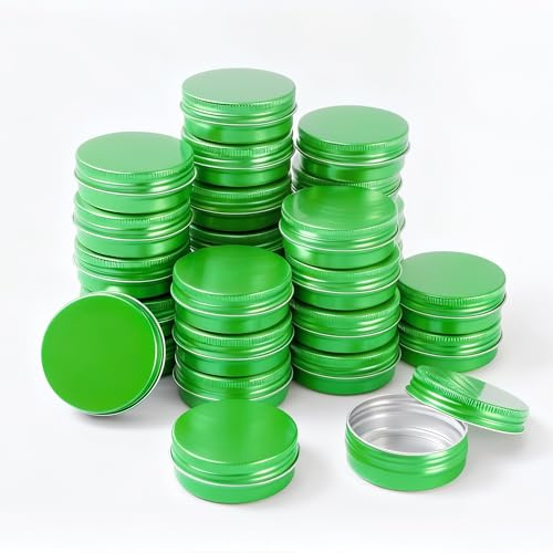 LJY 28 Pack 1 oz Aluminium Tins with Screw Lids, Green | Round 30 mL tins measuring 52 x 20 mm for solid balms, wax crafts, beads and dry small parts