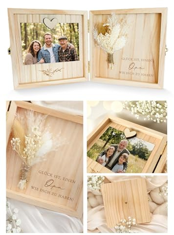 Joli Coon Opa Geschenk, Holzbox, 14 x 14 x 3 cm | Echte Trockenblumen, Magnet für Foto, Glück ist es einen Opa wie Dich zu haben, als Erinnerungsbox aufstellbar