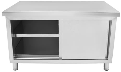 TCICOP Edelstahl Arbeitstisch mit Unterschrank 120x50x86cm 3-Stufige Edelstahl-Arbeitsbank, Arbeitsschrank mit Schiebetüren mit Fußmatten Ausgestattet, Geeignet für Garten und Küche