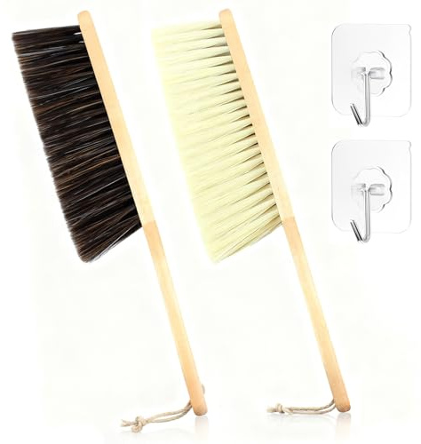 2 Stück Handfeger mit Aufhängeleine & Haken, 35cm Weiche PP-Borsten, Holzgriff Rosshaarbürste- Ideal für Haushalt, Garten, Terrasse, Auto, Werkstatt, Feinreinigung (Gelb Grau)