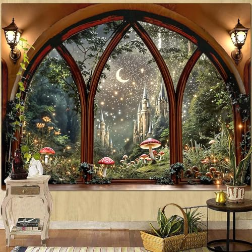 Lifeella Fantasy Castle Window Tapestry, Magic Woodland Scene Large Wall Backdrop, Fairytale Moon Mural for Bedroom Dorm Living Room Decor, 60x80 inches