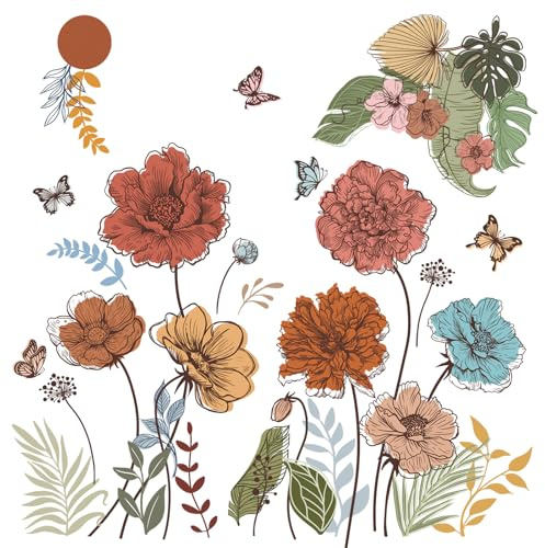 FUFUQUARE Vintage Bunt Blume Wandtattoo Wandaufkleber Pflanzen Pfingstrose Blätter Schmetterling Wandsticker Wanddeko für Schlafzimmer Wohnzimmer Flur Sofa Hintergrund