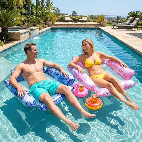 2Pack Pool Float Hammock,4 in 1 Water Hammock With 2 Drink Holders,Inflatable Swimming Pool Float Hammock for Adults,Water Hammock Lounge Chair Bed for Summer Pool