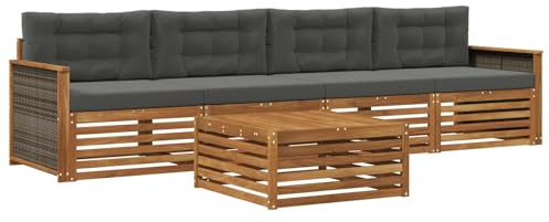 vidaXL Outdoor-Sofagarnitur mit Kissen 5 pcs Natur und Anthrazit, Gartenmöbel, Moderne Sitzgruppe, L-förmiges Sofa für Terrasse, relaxen im Lounge-Stil