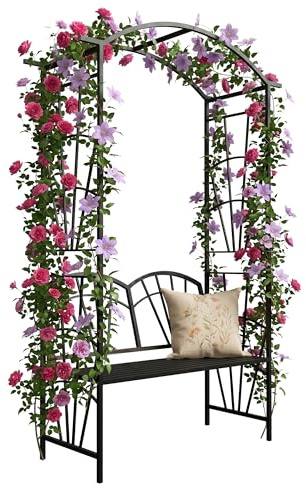 Relaxdays Rosenbogen, Metall, HBT: 210 x 134 x 48 cm, schwarz | Torbogen mit Bank, stabiler Rankbogen für Kletterpflanzen