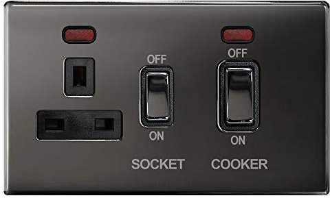 Black Nickel 45A Cooker Control Switch Unit with 13A Socket Neon Indicators N331GME Screwless Plate Finish