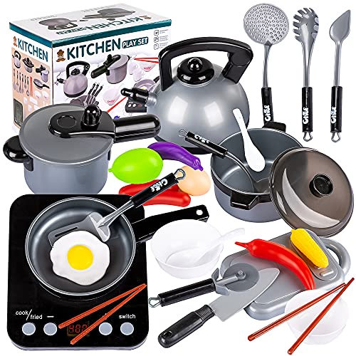 Kinderplay Spielküche Zubehör – 26-teiliges Kinder Kochgeschirr Set – Mit Induktionskochfeld (batteriebetrieben) – Rollenspielküche ab 3 Jahren