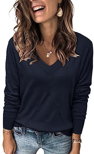 Arach&Cloz Jumpers for Women UK Long Sleeve V Neck Ladies Knitted Tops Casual Solid Sweater Navy, L