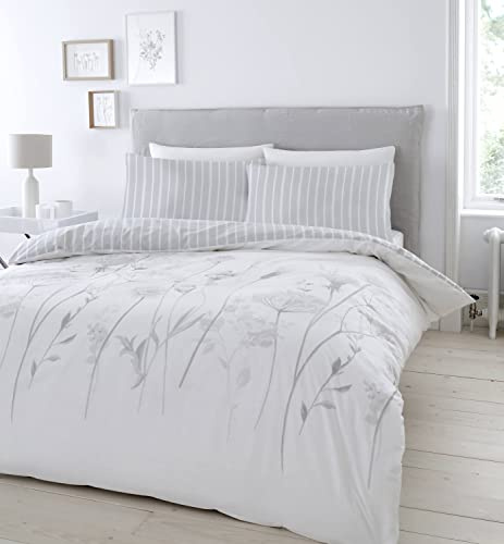 Catherine Lansfield Meadowsweet Floral 135 x 200 cm Duvet Cover and 1 80 x 80 cm Pillowcase White/Grey