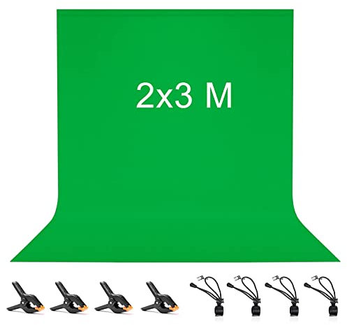 2 x 3M Toile de Fond Vert, Vevelux Green Screen avec 8 Clips Anti-Plis, 100% Polyester Fond Vert Pliable Lavable Durable pour Photographie, Vidéo, Camera, Photo, Prise de Vue Vidéo