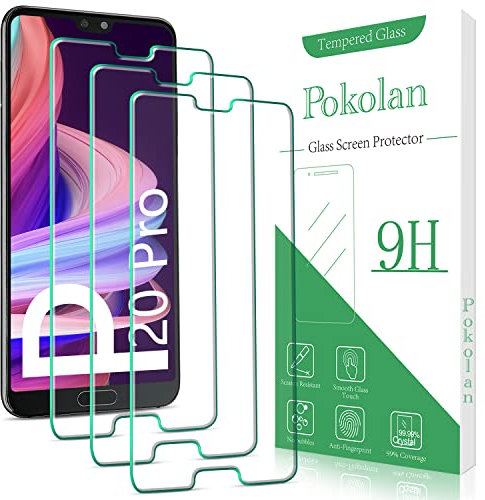 Pokolan 3 piezas de cristal templado compatible con Huawei P20 Pro, protector de pantalla, dureza 9H, sin burbujas, antiarañazos