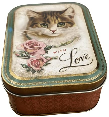 Geschenkdose Design Nostalgia - Liebevoll gestaltete rechteckige kleine Minidose - Motiv Love Cat - Bonbondose, Pillendose, Blechdose - Maße: (L x B x H): 10,5 x 7,8 x 6,4cm