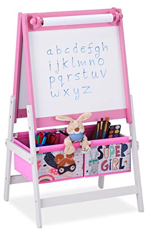Relaxdays Tableau Dessin Enfant, 2 en 1, Tableau à Rouleau de Papier&Panier, HLP 94x52x46,5 cm, Tableau Noir, Rose/Blanc