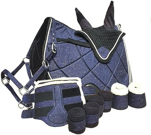 German Riding Perfect Match Schabracke Set Hufglocken Halfter Fliegenhaube Bandagen Gamaschen Glitzer (Cob bzw VB, Dunekelblau)