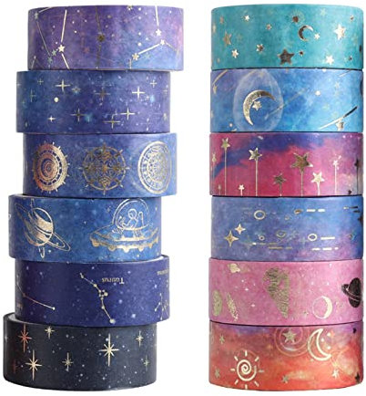 MOSNOW Washi Tape Set, Decorative Tape Craft Supplies Scrapbook Accessories Purple Pattern Decorative Washi Tape, Decorative Gold Foil Scrapbook for DIY Arts Craft, Present Wrapping (12 Rolls)