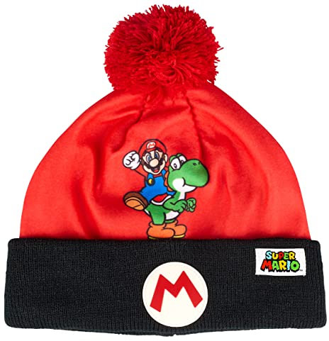 Super Mario Mütze Wintermütze mit Bommel (Rot, 52)