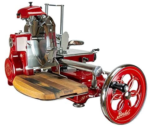 Berkel Aufschnittmaschine - Volano Tribute rot – Wunderschöne Schwungradmaschine + 100% handgefertigtem Schneidebrett Unikat