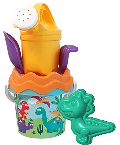 Simba-Dino Baby-Juego de Cubos, 6 Piezas, Cubo, colador, Forma de Arena, Pala, rastrillo, vertidor, 11 cm, diámetro: 14 cm, a Partir de 10 Meses, Multicolor, (107114603)
