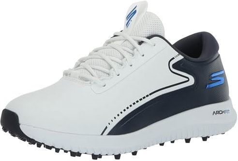 Skechers MAX 2 Arch Fit Zapatillas de Golf Impermeables sin Clavos para Hombre, White/Navy Blue, 10.5 Wide