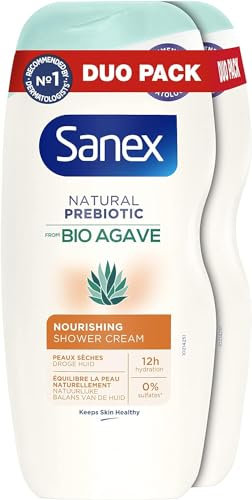 SANEX - Gel Douche Bio Agave Nourrissant - Prébiotique Naturel Issu De l’Agave Bio - Nourrit La Peau - Hydratation 12h - Respecte L’Équilibre Naturel De La Peau - 92% d’Origine Naturelle* - 250mL x 2