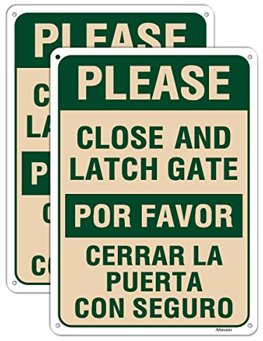 Please Close and Latch Gate Sign Bilingual English Spanish Keep Gate Closed Signs Metal 10 x 7 Door Closed Signs Reflective Sturdy Rust Aluminum Weatherproof Easy to Install 2 Pack