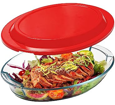 Fuente de Vidrio con Tapa, 2.2L - Fuente de Lasaña para Horno (NO LA TAPA), Ovalada, Recipiente de Vidrio con Tapa de Plástico