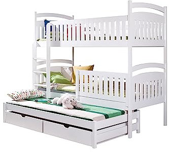 KEF Sofia Etagenbett Kinder 90x200 cm - Etagenbett 3 Personen - Holz Kinderbett - für DREI Kinder - mit Schubladen - Ausziehbares Drittes Bett - ohne Matratze - Weiß - Leiter Rechts