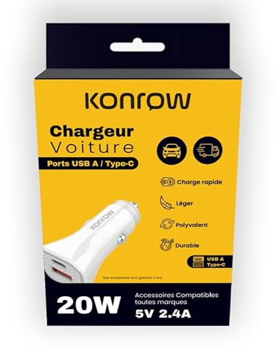 Konrow KCC20ACW - Adaptateur Allume-Cigare 1 Port USB A & 1 Port USB Type C - Charge Rapide 20W, Blanc (Compatible, Blister)