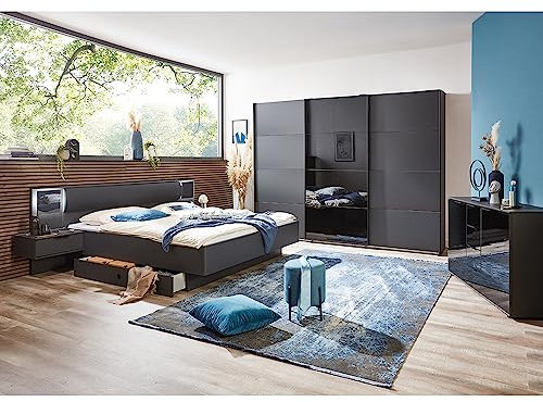 Schlafzimmer Set mit Schwebetürenschrank inkl. Glastür, Bett 180x200cm mit Bettschubkasten, Nachtschrank mit LED, Kommode in schwarz mit Graphit, Schlafzimmerbett, Doppelbett, Ehebett