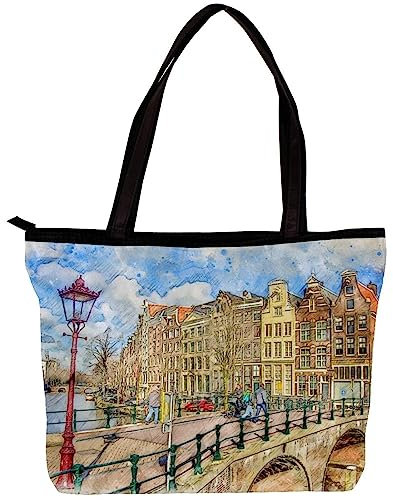 Damentasche Schultertasche Handtasche Amsterdam Street View Print Reißverschluss Geldbörse Top-Griff Reißverschluss Taschen für Fitnessstudio, Arbeit, Schule, mehrfarbig, 30x10.5x39cm/11.8x4.1x15.4in