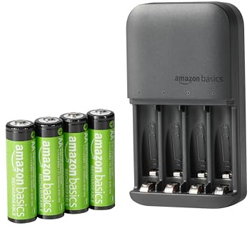 Amazon Basics 4-Bay Battery Charger for AA & AAA Rechargeable Batteries with Pre-Charged AA NiMh Batteries, LED Operation, Type A (American) Plug, 4 Count, Black