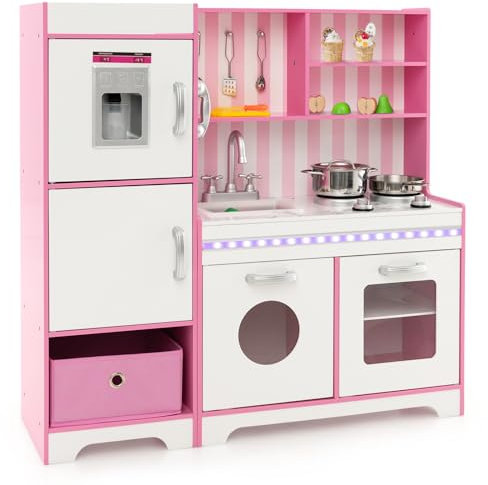 GYMAX Kids Play Kitchen, Wooden Kitchen Playset with Adjustable LED Lights, Ice Maker, Telephone, Removable Storage Bin & 16 Accessories, Pretend Toy Kitchen for Girls Boys Age 3+