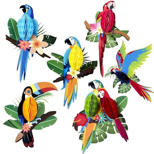 SUNBEAUTY Hawaii Dschungel Deko 6 Stück Tropische Vögel Wabenausschnitte Hängende Papagei Papier Ausschnitte Hawaii Deko für Gartenparty Sommerfest Deko