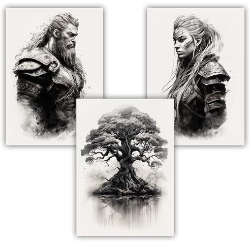 Samunshi® 3x Kunstdruck Poster Wikinger Set Yggdrasil Schildmaid Bilder für Jugendzimmer Man Cave Deko Vikings Norse Art Geschenk DIN A3 29,7x42cm