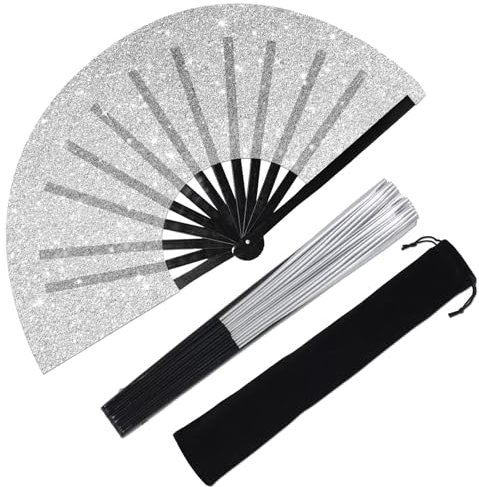 Plzoslly Large Folding Hand Fan Glitter Large Rave Hand Fan, Folding Shiny Hand Fan Clack Handheld Fan Women Handheld Fan with Bag for Festival, Disco Party, Club, Dance, EDM, Home Decoration(Silver)