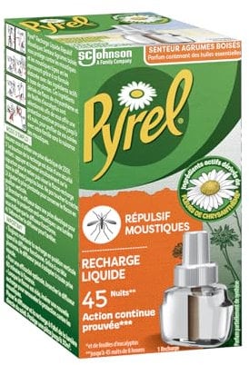 Pyrel Recharge Diffuseur Électrique Liquide - Répulsif Moustiques 45 Nuits - Senteur Agrumes Boisés - 1 Recharge