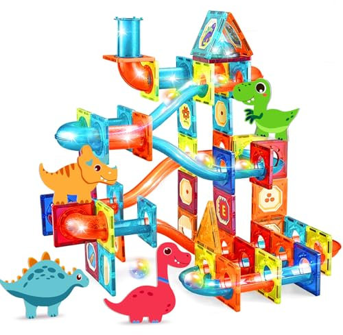 Light Magnetic Tiles Dinosaur Magnet Building Blocks Set for Kids Magnetic Marble Run Construction Toys Sensory Educational STEM Learning Toy for Kids Age 3 4 5 6 7 8+ Years Old Boys Girls Gift