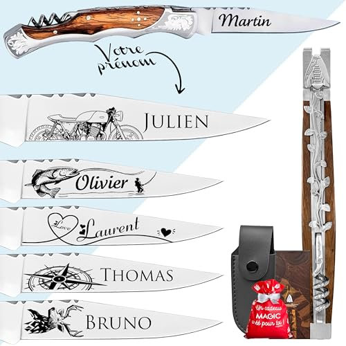 Couteau homme personnalisé - Marque laguiole gravé avec un prénom - Couteau pliant personnalisable - Cadeau Fête des pères - Idée cadeau pour homme, Papa (Marron, Couteau tire-bouchon)