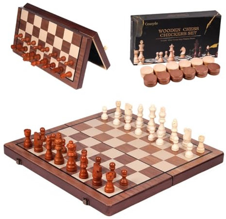 Ceasyde Chess Set 2 in 1 Board Games, 15 Magnetic Wooden Foldable Chess and Checkers Sets with Storage Slots for Portable Travel Chess Board Game Sets with 2 Extra Queens