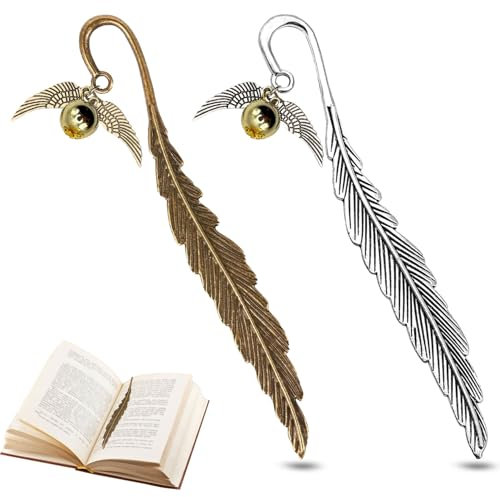 Sunshine smile 2Pcs Harry Lesezeichen,Zauberfeder Lesezeichen,Goldener Schnatz Lesezeichen,Metall Lesezeichen,Lesezeichen Gold,für Leseratten/Damen/Teenager/Mädchen (Silber+Gold)