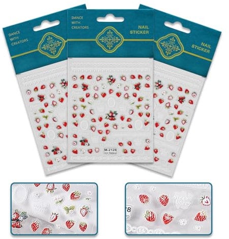 3pcs Strawberry Lace Nail Stickers, Self-Adhesive Fruit Nail Stickers 3D Embossed Nail Decals Nail Design Manicure Decoration Accessories Charms for Women Girls Nail Decors
