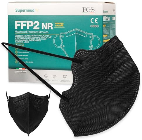 FGS - 50 Mascherine FFP2 Bianche, Nere e Blu Scuro - Made in Italy - Certificate CE - Filiera Controllata, Anallergiche, con Elastici Comodi e Resistenti - Buste Singole e Sigillate (Nero)