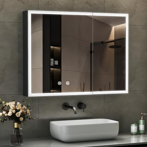 Boromal Spiegelschrank Bad mit LED Beleuchtung Spiegelschrank mit Beleuchtung Schwarz Metall Badezimmerschrank mit Dimmbar, Beschlagfrei, Stecker und Verstellbare Glasablage (80 x 60 x 13,5 cm)