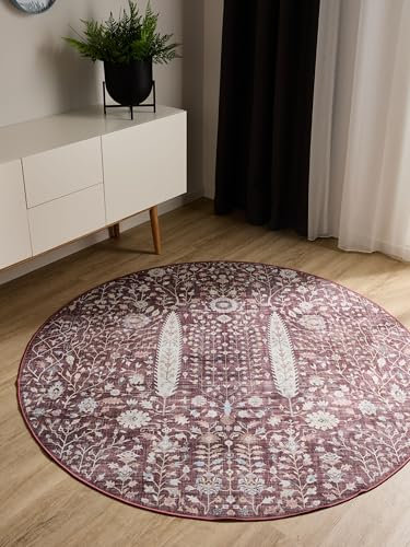 benuta Basic Waschbarer Teppich George - Bordeaux 160 cm Rund - Kunstfaser - Rund & im Style: Vintage, Elegant, Retro - Pflegeleicht für Wohnzimmer Schlafzimmer