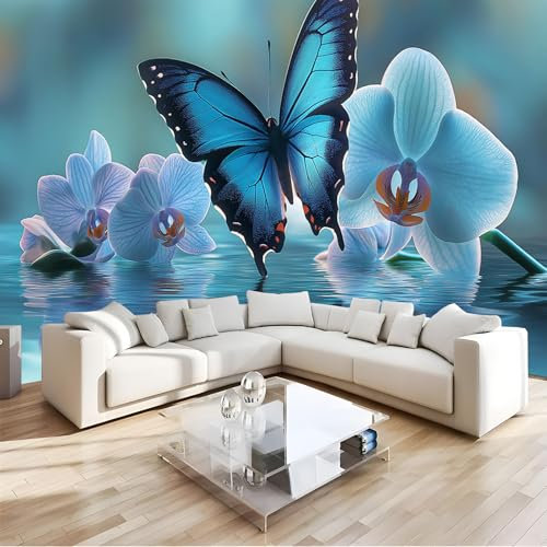 Wandtapete Türkise Orchidee Fototapete, Blauer Schmetterling Dekoration Wand-Dekor, 350 x 256 cm (B x H) Tapete Panorama Poster Für Mädchen, Jungs Schlafzimmer Wohnzimmer