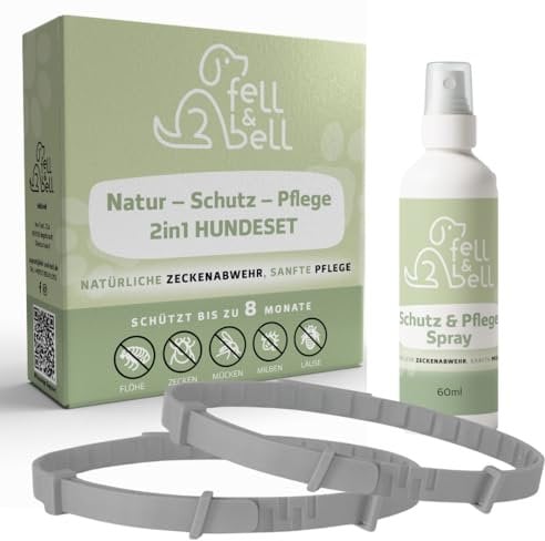 fell&bell Zeckenhalsband SPARSET Mit 60 ml Kokos-Pflegespray – Natürliche Öle Gegen Ungeziefer – 2 Hundehalsbänder – Bis 8 Monate Schutz – Flohhalsband - Wasserfest – 2Stk. GRAUE Flohhalsbänder