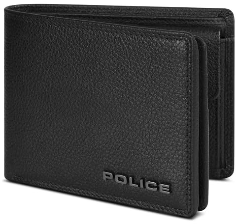 POLICE Herren Leder-Geldbörse Querformat mit Klappe | Geldbeutel Brieftasche Portmonee Portemonnaie mit Klappe | RFID-Schutz & 8 Kartenfächer Querformat | Maße 12 x 2 x 9 cm (schwarz)