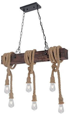 KEESFU Farmhouse Light Fixtures Rustic Chandelier，6-Light Kitchen Island Light Height Adjustable，Hemp Rope Pendant Light for Kitchen Dining Room Bar. [Energy Class A]