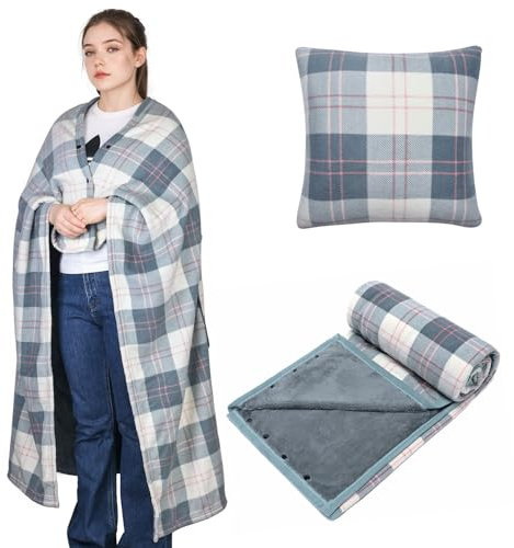 SIVENKE Tragbare Decke Kompaktes Kissen 2-in-1-Schoßdecke Damen Poncho Fleece mit Knopf Karierte Tagesdecke Kissen für Bett, Sofa, Büro