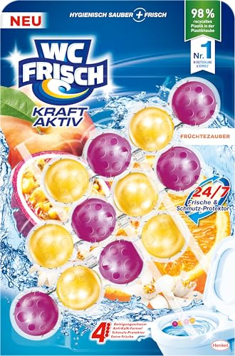 WC Frisch Kraft Aktiv Duftspüler Früchtezauber (3er), Klostein Einhänger | WC-Stein mit Anti-Kalk-Formel, Reinigungsschaum, Schmutz-Protektor & extra Frische, WC-Reiniger für 24/7 Frische, Duftstein